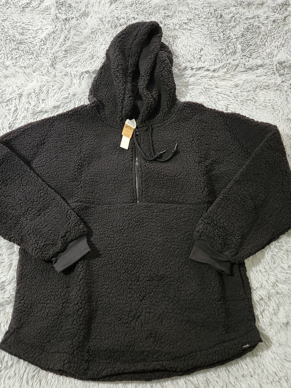 Victoria's Secret PINK Black Sherpa Quarter Zip Pullover Hooded Sweatshirt